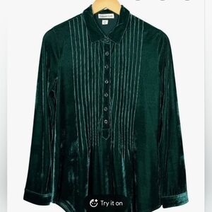 Coldwater Creek Velvet Pleated Button Collared Tunic Blouse Dark Green Women's L